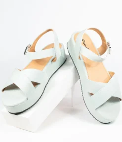 Unique Vintage Flats|Sandals>Pale Blue Denim Cross Strap Platform Keliko Sandals