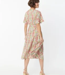 Unique Vintage Midi|Everyday Dresses>Pink & Blue Watercolor Pattern Festival Midi Dress