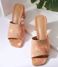Unique Vintage Heels|Sandals>Pink Daisy Cork Mule Heels