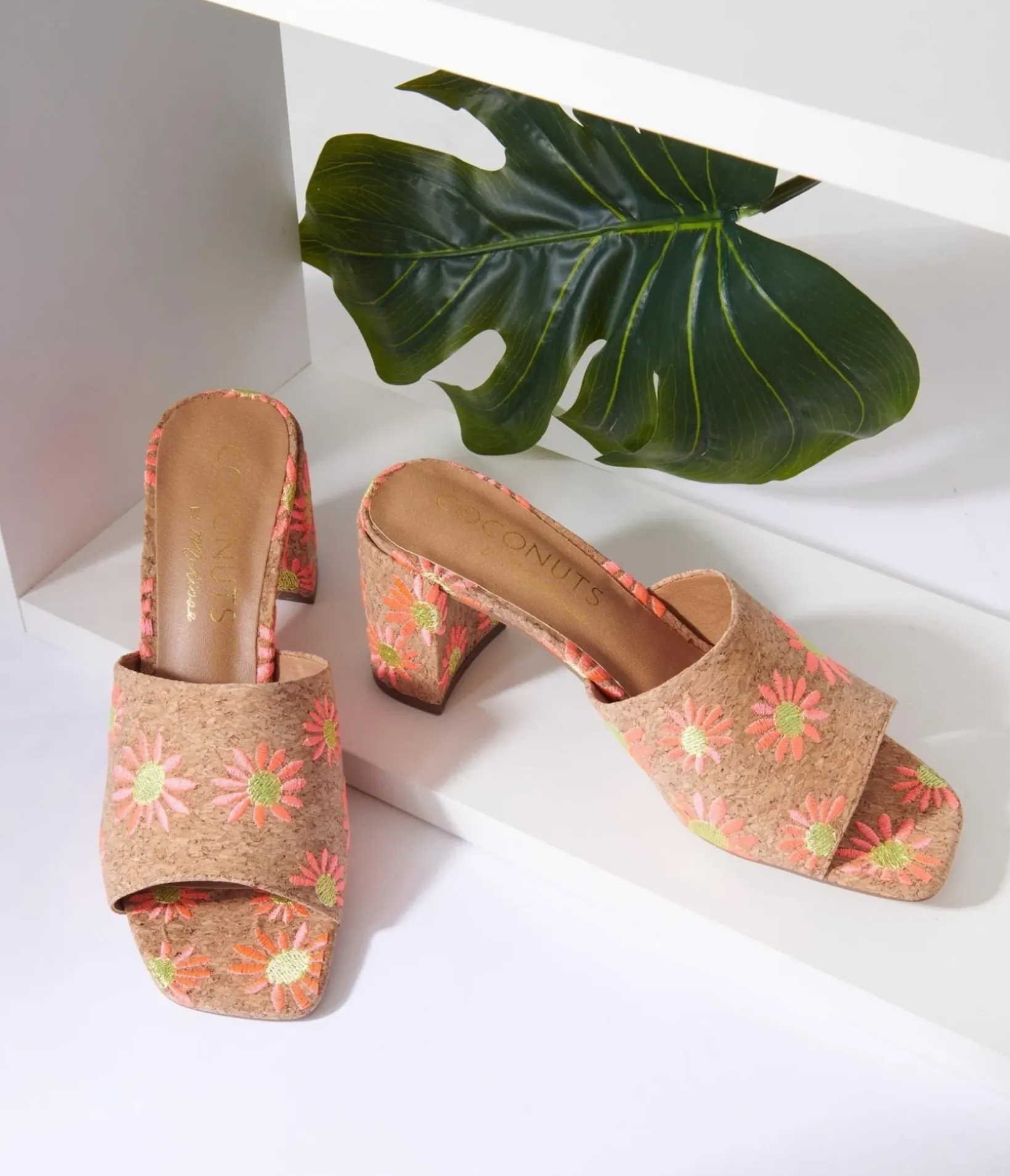 Unique Vintage Heels|Sandals>Pink Daisy Cork Mule Heels