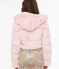 Unique Vintage Coats & Jackets|All Things Pink>Pink Faux Fur Puffer Crop Jacket