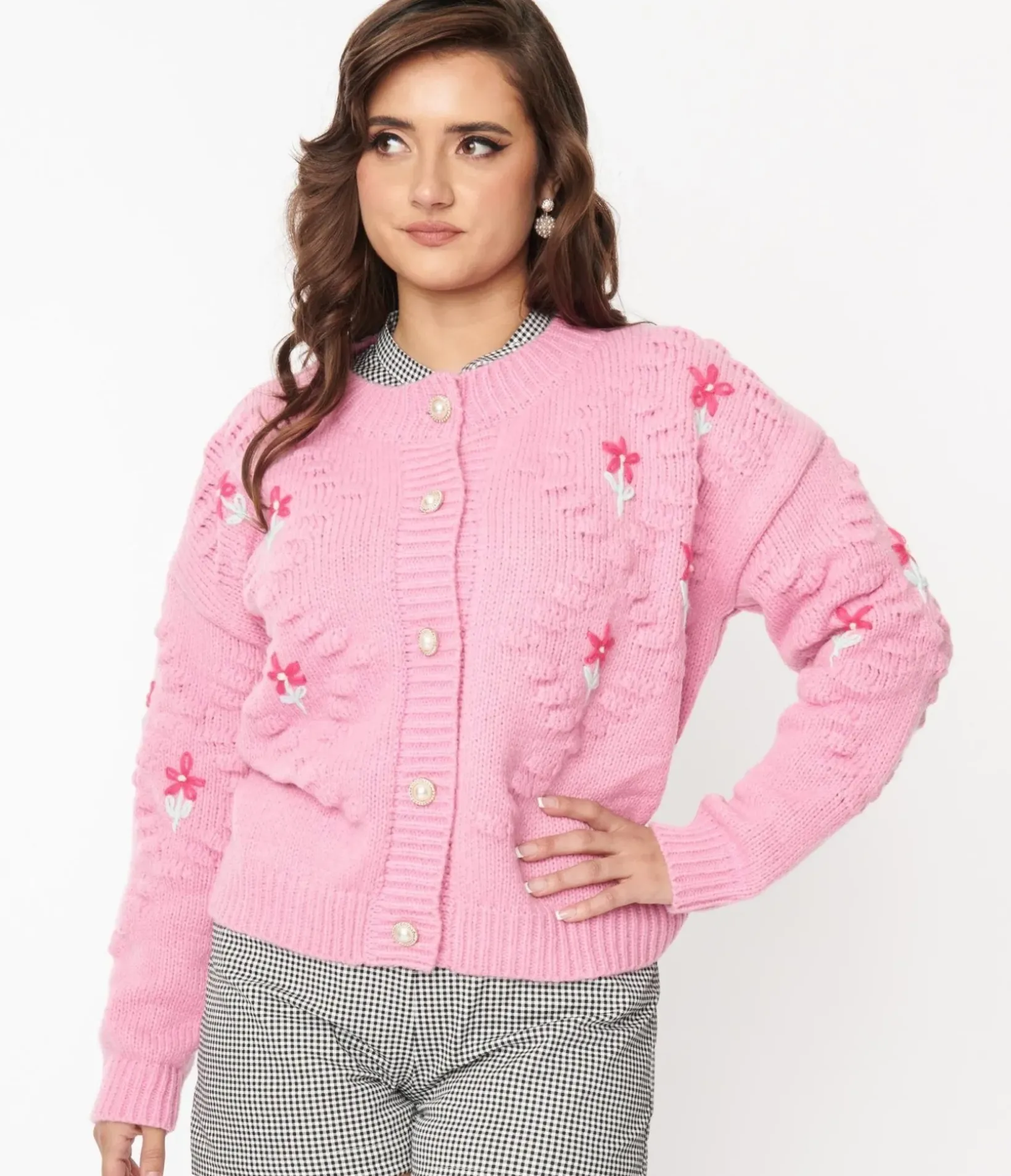 Unique Vintage Sweaters & Cardigans|All Things Pink>Pink Floral Cable Knit Cardigan