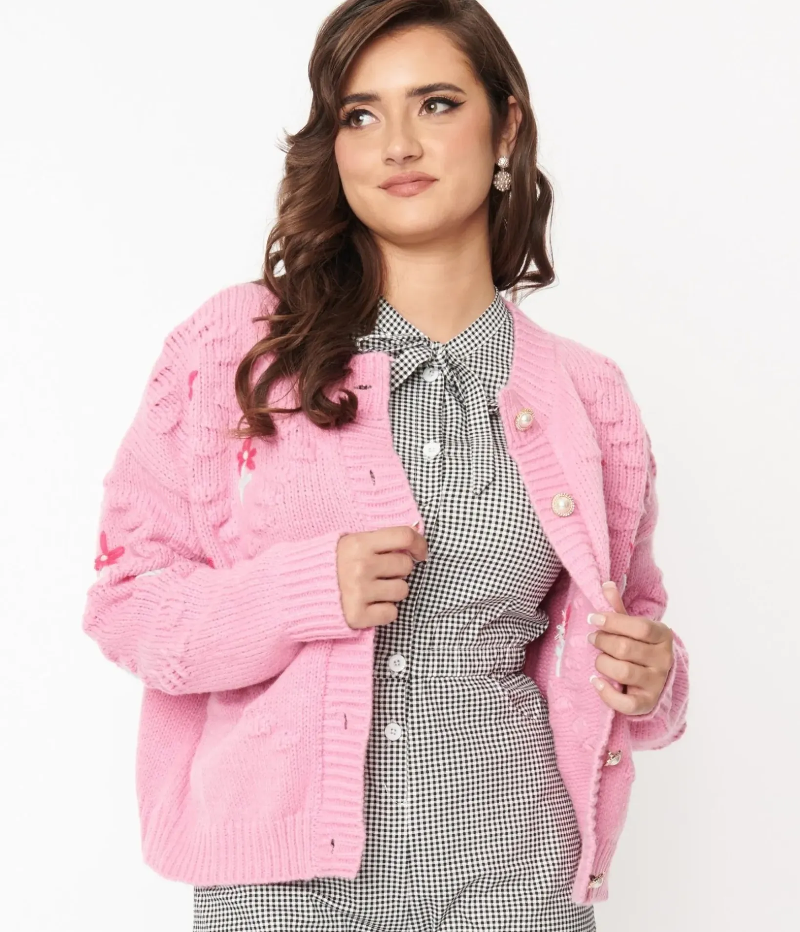 Unique Vintage Sweaters & Cardigans|All Things Pink>Pink Floral Cable Knit Cardigan