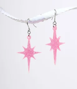 Unique Vintage All Things Pink|Earrings>Pink Glitter Atomic Star Dangle Earrings