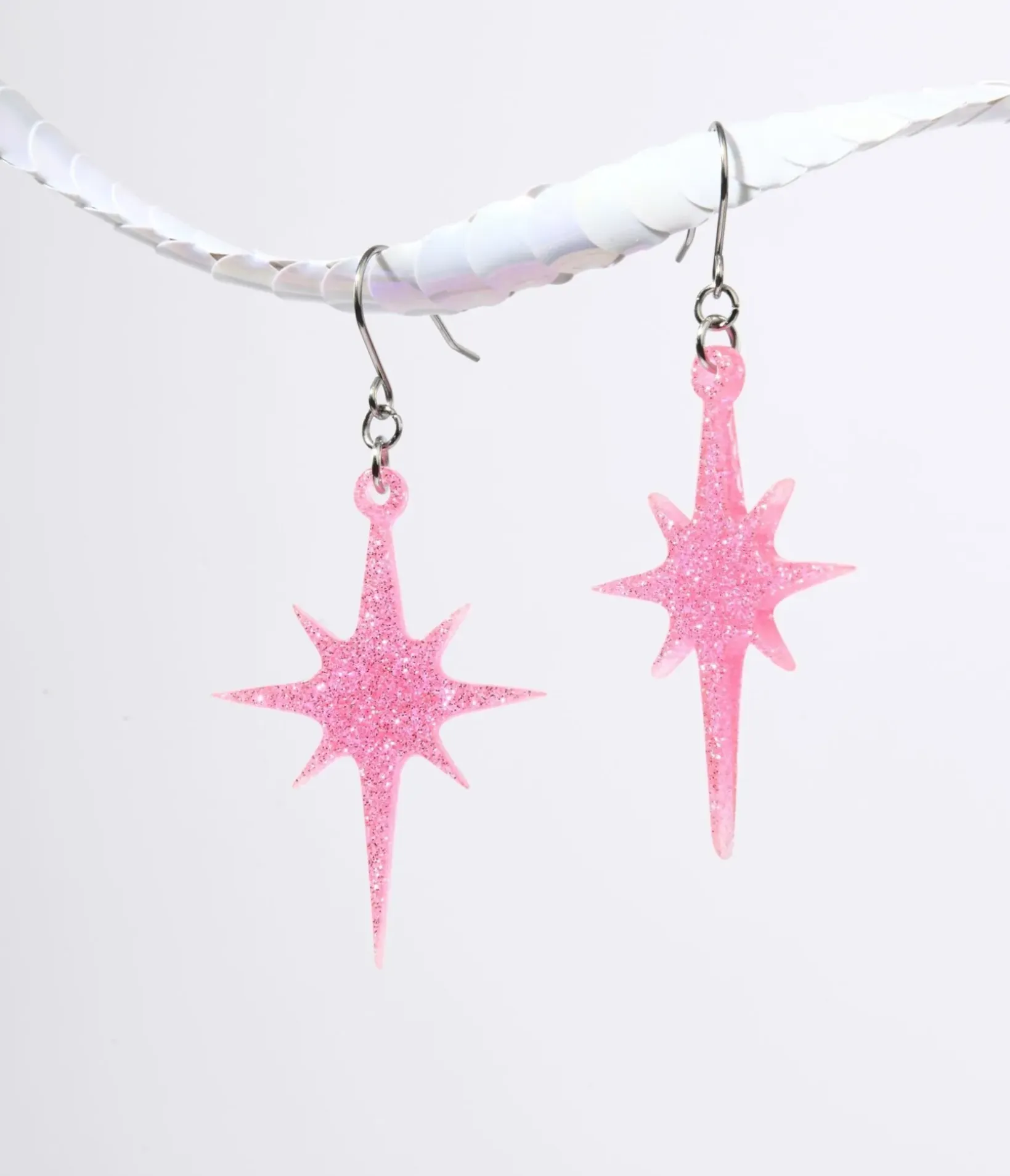 Unique Vintage All Things Pink|Earrings>Pink Glitter Atomic Star Dangle Earrings