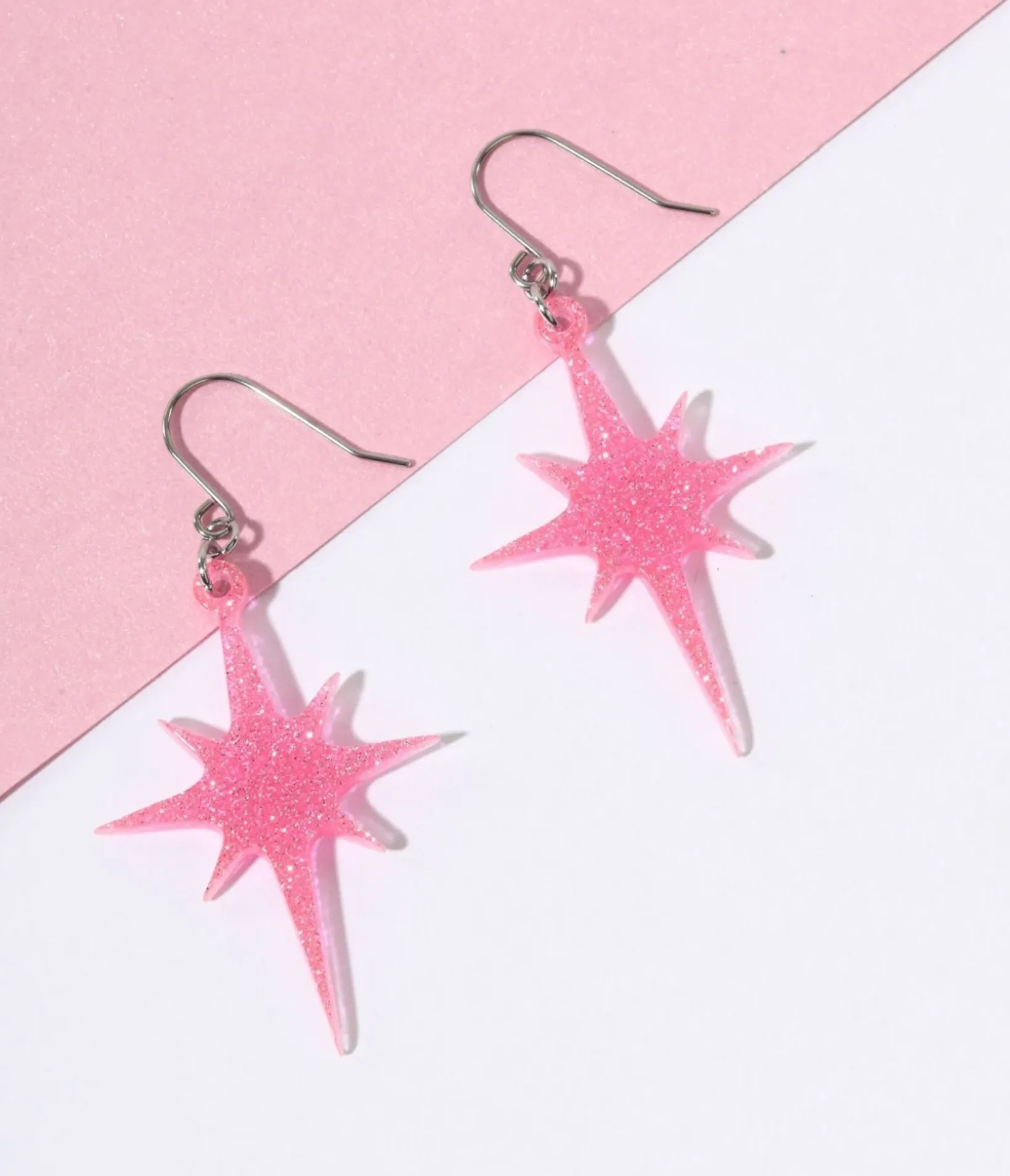 Unique Vintage All Things Pink|Earrings>Pink Glitter Atomic Star Dangle Earrings