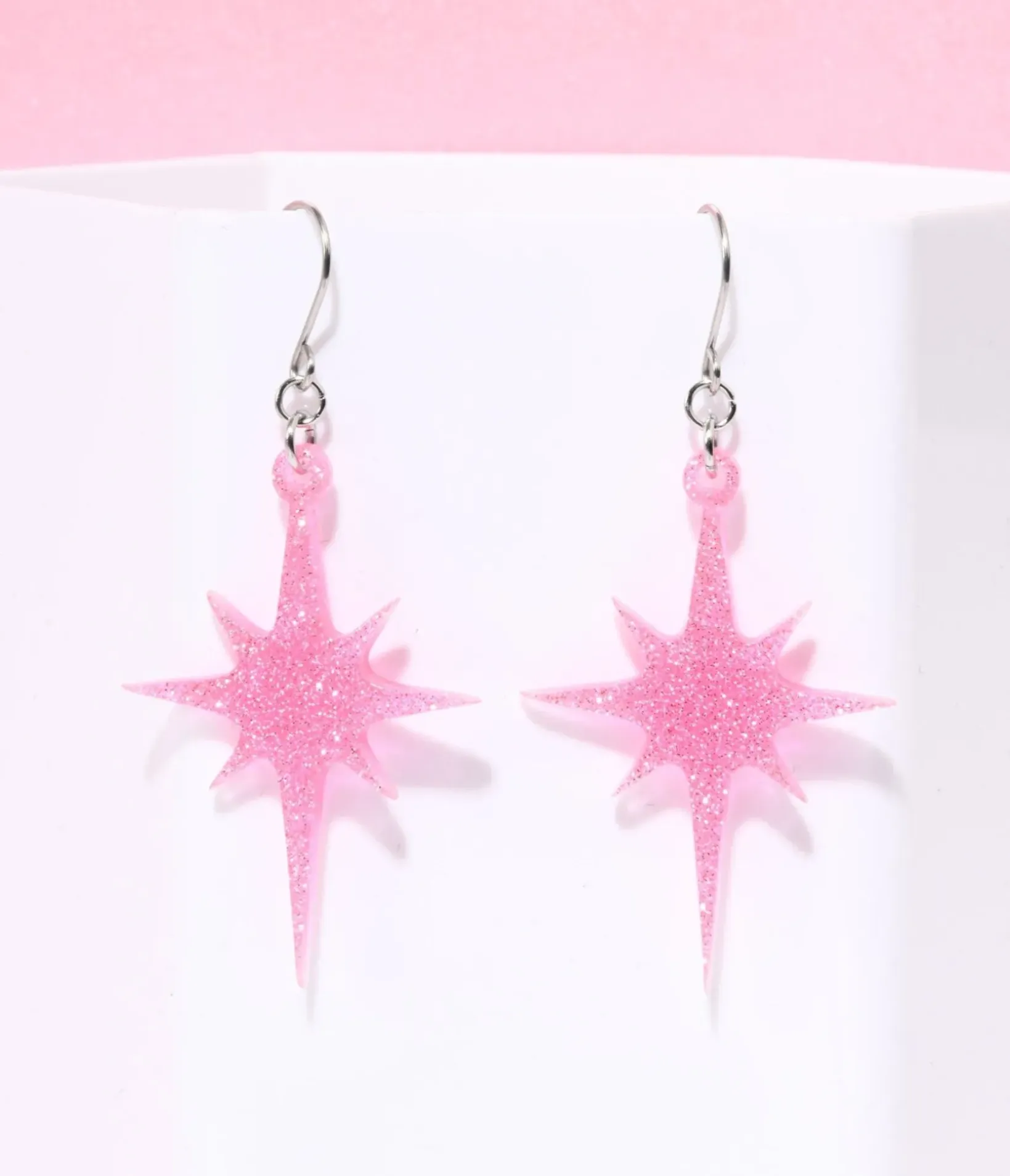 Unique Vintage All Things Pink|Earrings>Pink Glitter Atomic Star Dangle Earrings
