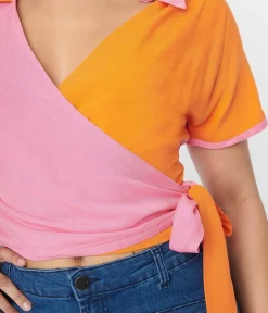 Unique Vintage All Things Pink>Pink & Orange Colorblock Surplice Wrap Top
