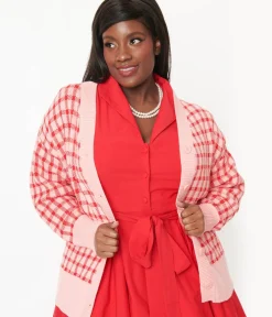 Unique Vintage Sweaters & Cardigans|Sweaters & Cardigans>Pink & Red Checkered Cardigan