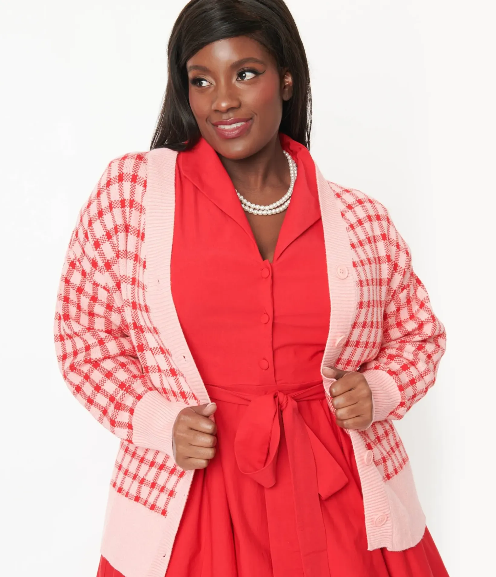 Unique Vintage Sweaters & Cardigans|Sweaters & Cardigans>Pink & Red Checkered Cardigan