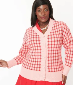 Unique Vintage Sweaters & Cardigans|Sweaters & Cardigans>Pink & Red Checkered Cardigan