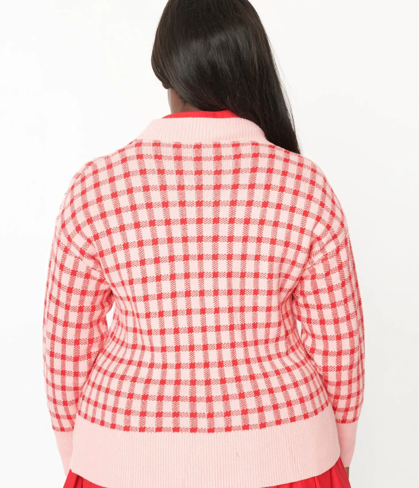 Unique Vintage Sweaters & Cardigans|Sweaters & Cardigans>Pink & Red Checkered Cardigan