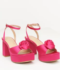 Unique Vintage Special Occasion|Heels>Pink Rosette Satin Platform Heels