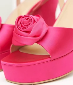 Unique Vintage Special Occasion|Heels>Pink Rosette Satin Platform Heels