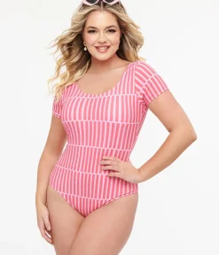 Unique Vintage One Piece Swim|Summer Vacation>Pink Stripe Sleeved One Piece Swimsuit