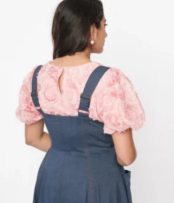 Unique Vintage Blouses|Blouses>Pink Textured Floral Puff Sleeve Blouse