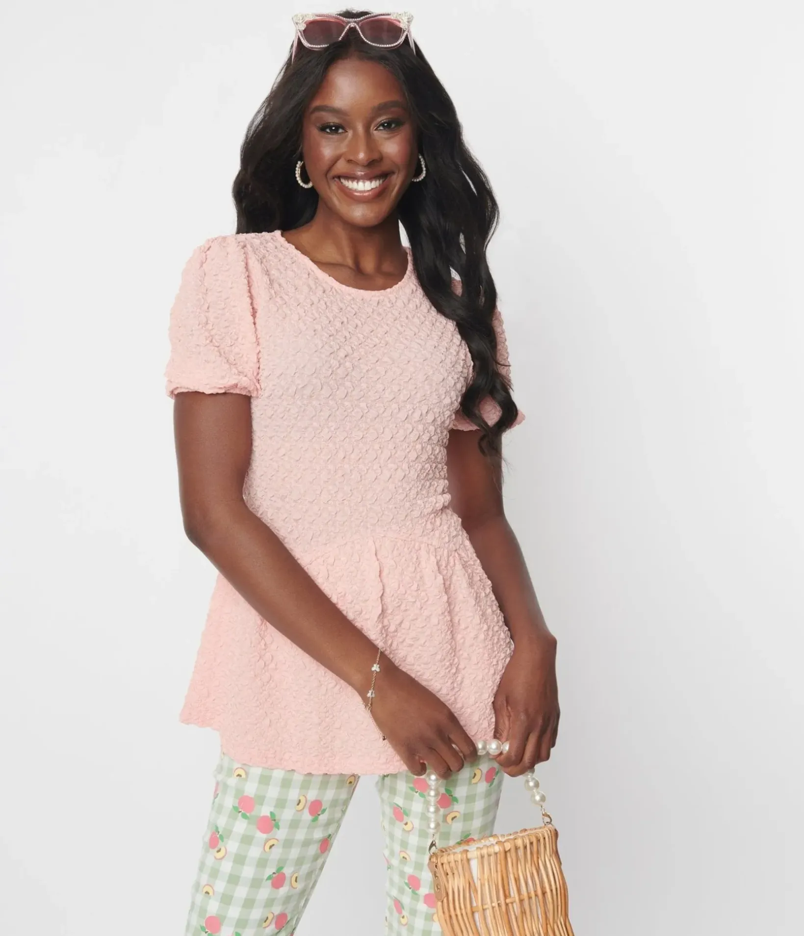 Unique Vintage Blouses|Blouses>Pink Textured Peplum Blouse