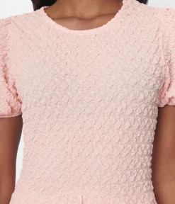 Unique Vintage Blouses|Blouses>Pink Textured Peplum Blouse