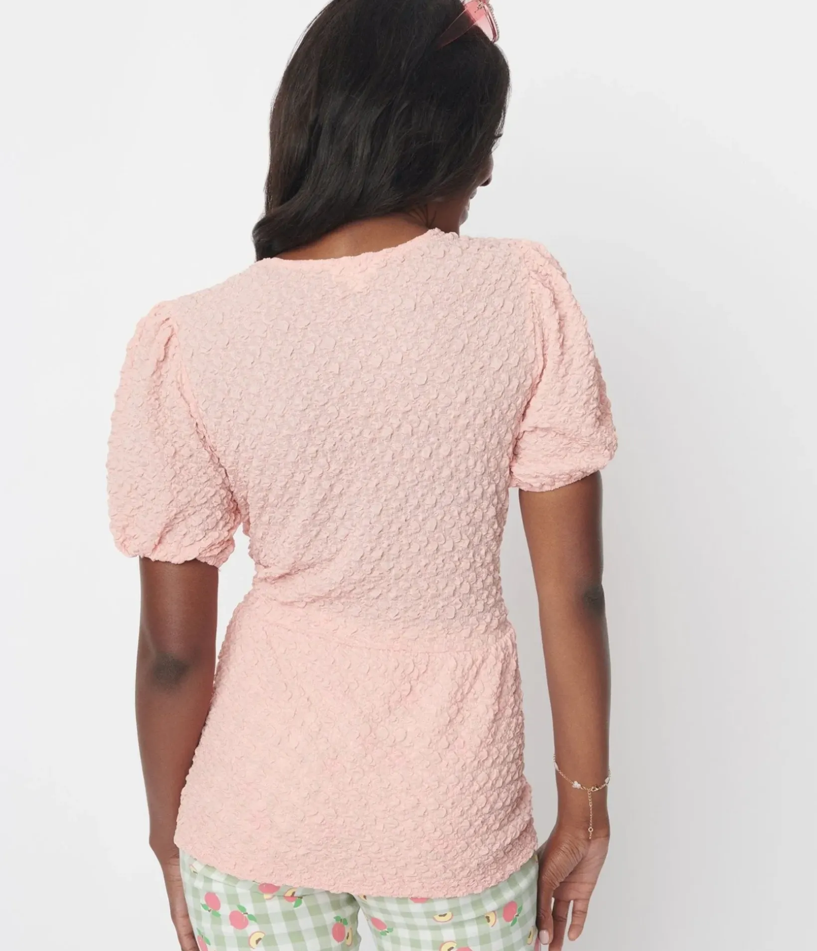 Unique Vintage Blouses|Blouses>Pink Textured Peplum Blouse