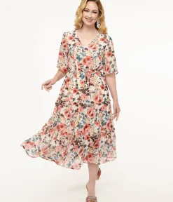 Unique Vintage Midi|Everyday Dresses>Pink Tropical Flower Chiffon Midi Dress