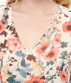Unique Vintage Midi|Everyday Dresses>Pink Tropical Flower Chiffon Midi Dress