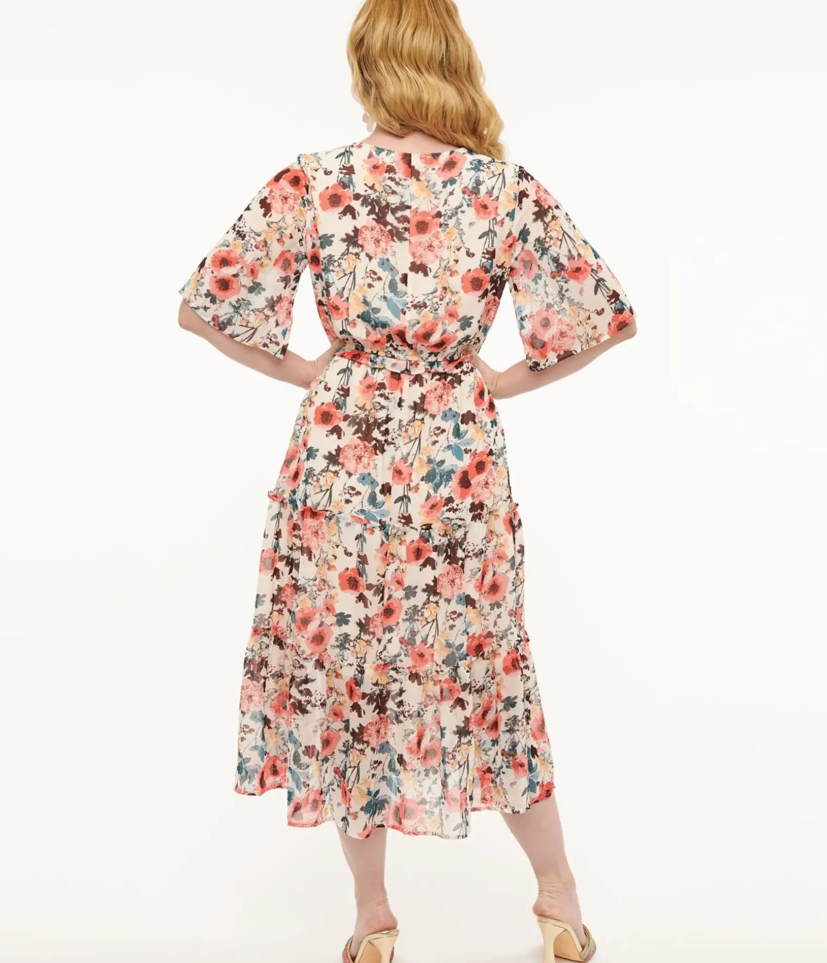 Unique Vintage Midi|Everyday Dresses>Pink Tropical Flower Chiffon Midi Dress