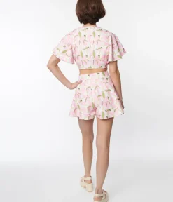 Unique Vintage Shorts|Shorts>Pink & White Lilies Bama Breeze Top & Shorts Set