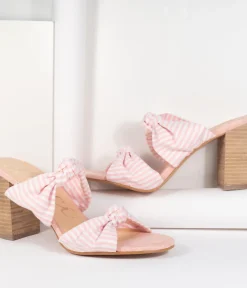 Unique Vintage Heels|Sandals>Pink & White Stripe Block Heel Sandal