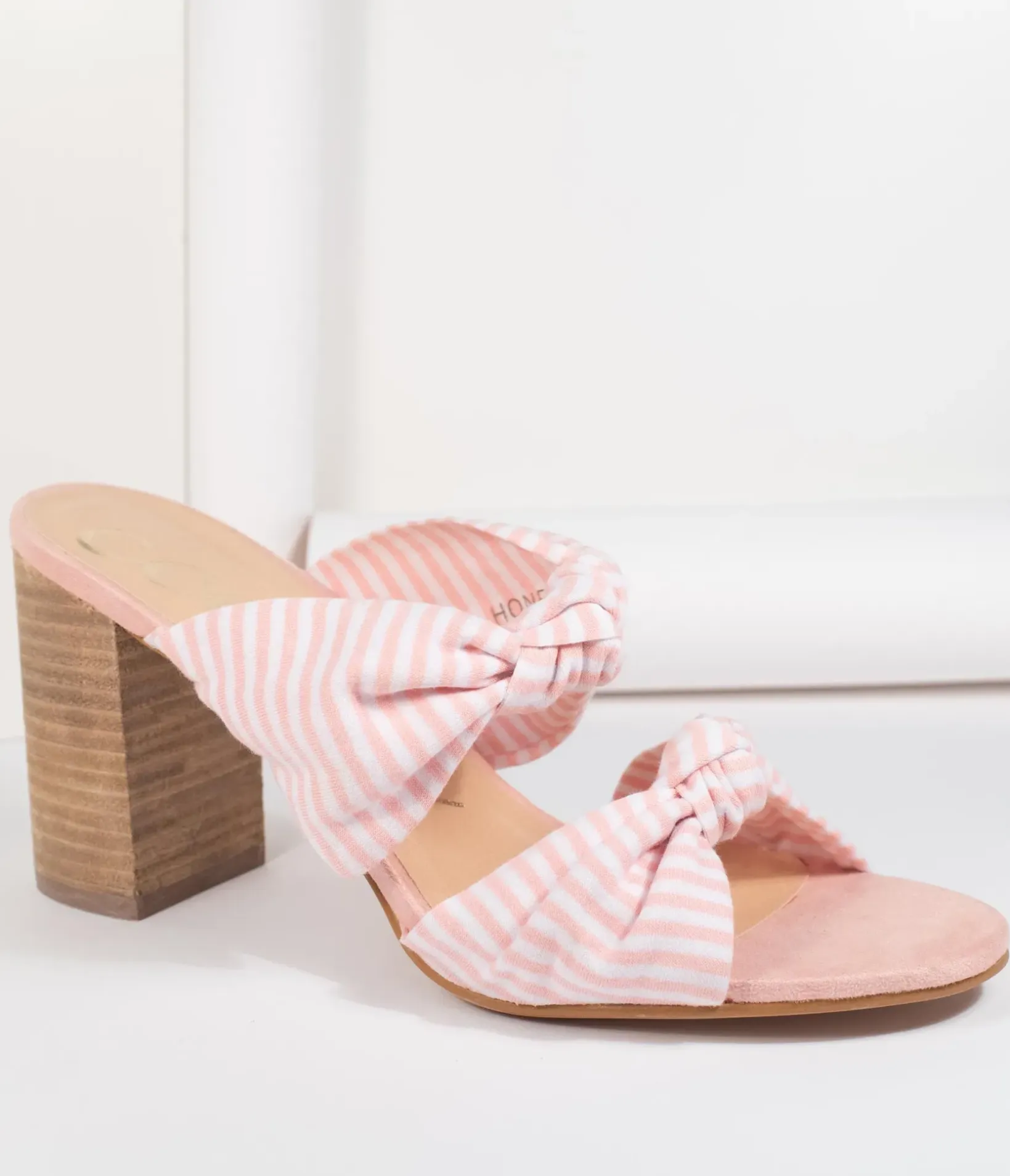 Unique Vintage Heels|Sandals>Pink & White Stripe Block Heel Sandal