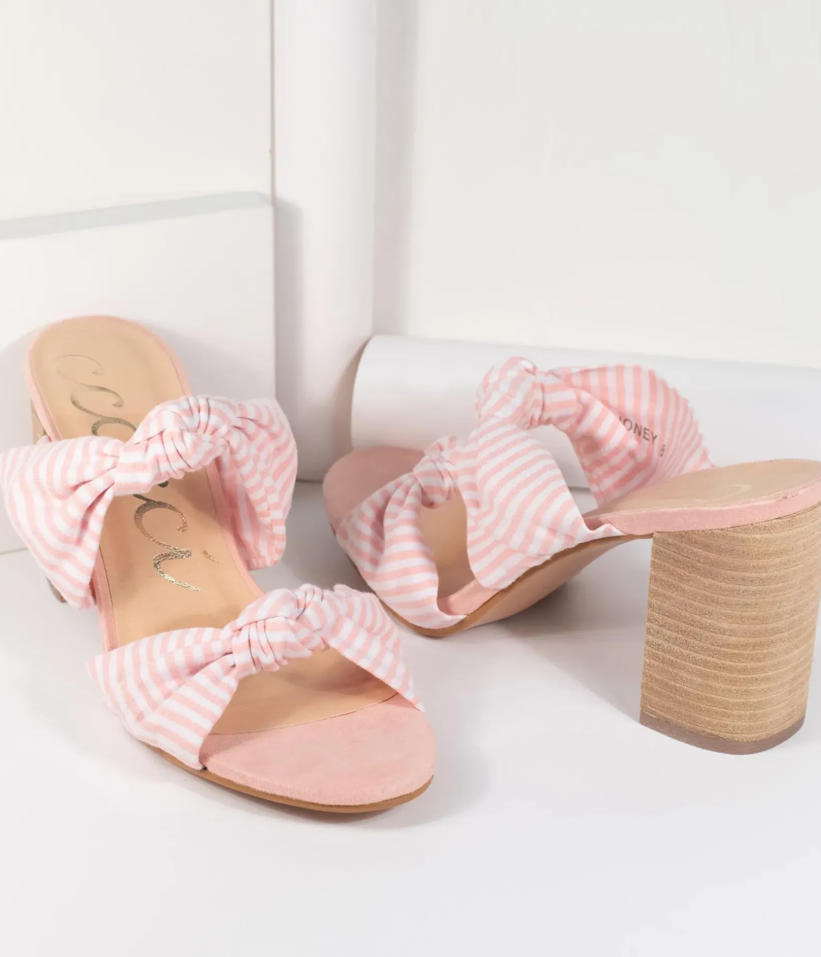 Unique Vintage Heels|Sandals>Pink & White Stripe Block Heel Sandal
