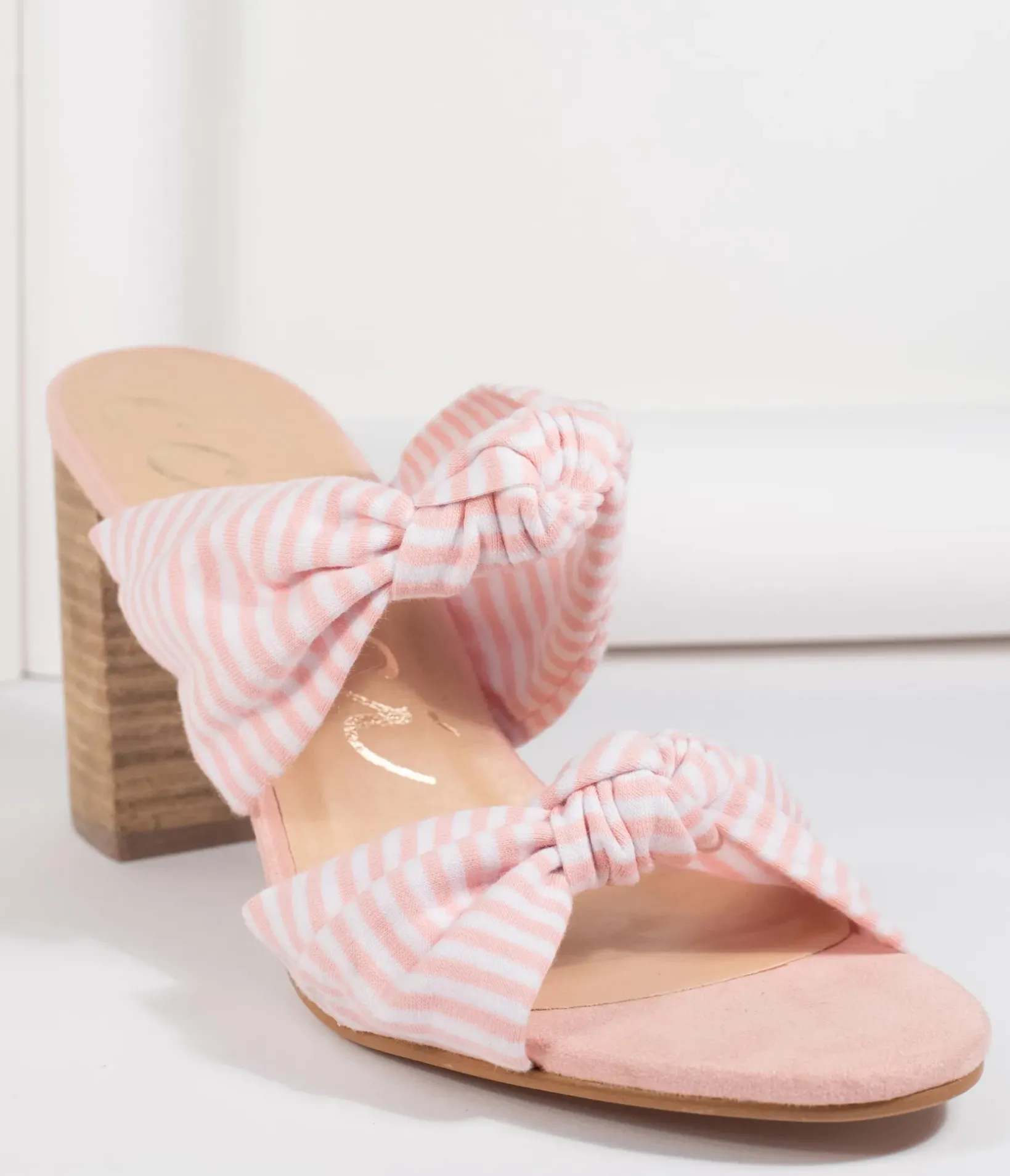 Unique Vintage Heels|Sandals>Pink & White Stripe Block Heel Sandal