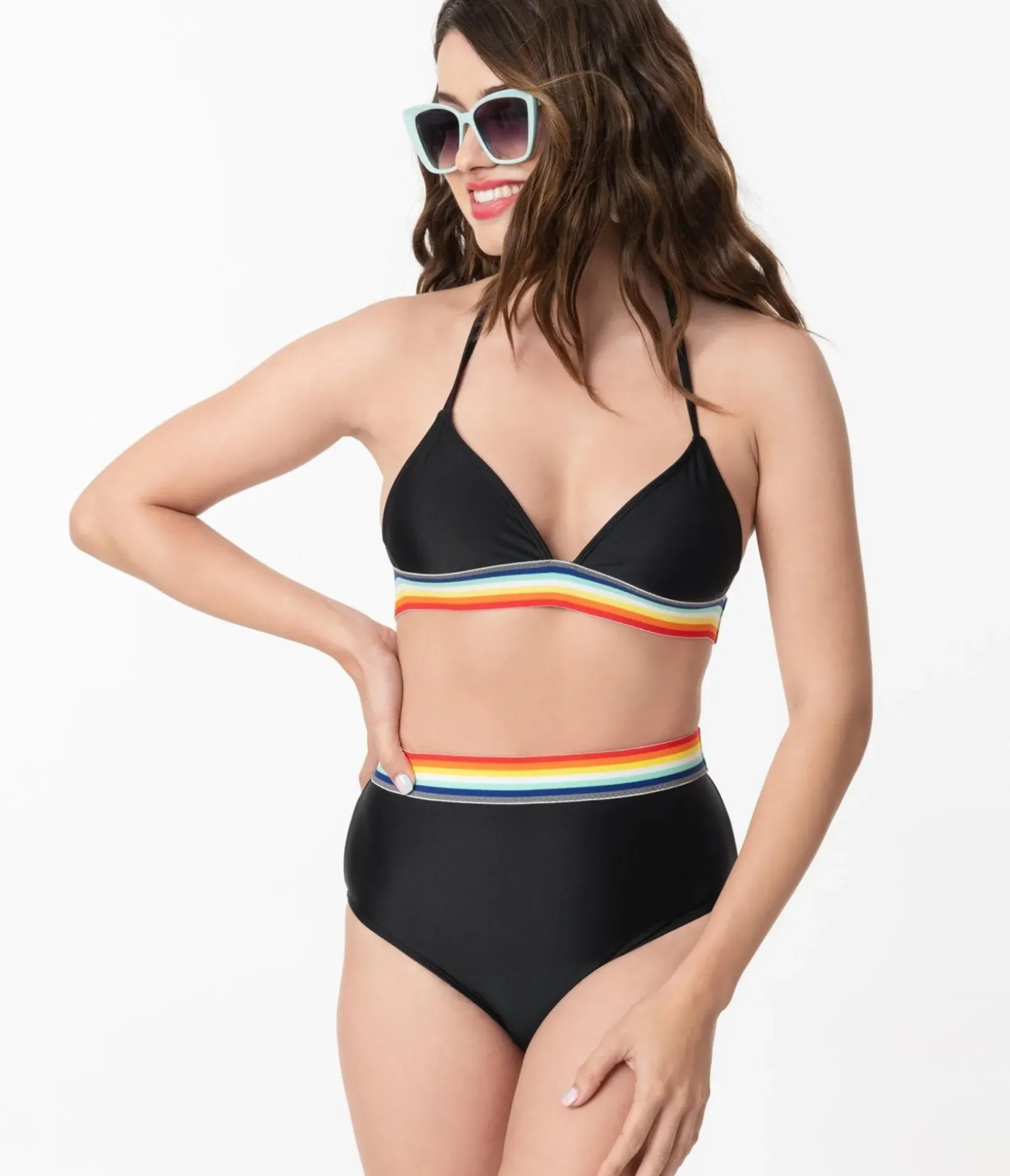 Unique Vintage Two Piece Swim>Pin-Up Black & Rainbow Two Piece Bikini Swimsuit
