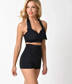 Unique Vintage Swim Bottoms|Two Piece Swim>Pin Up Style Black Button High Waist Sailor Swim Bottoms