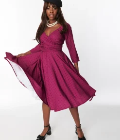 Unique Vintage Swing|Pocket Dresses>Plum & Black Polka Dot Genevieve Swing Dress