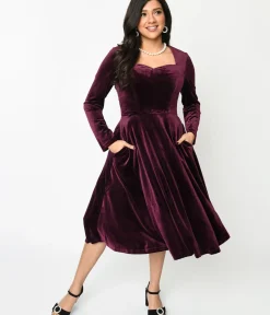 Unique Vintage Swing|Pocket Dresses>Plum Wine Velvet Swing Dress