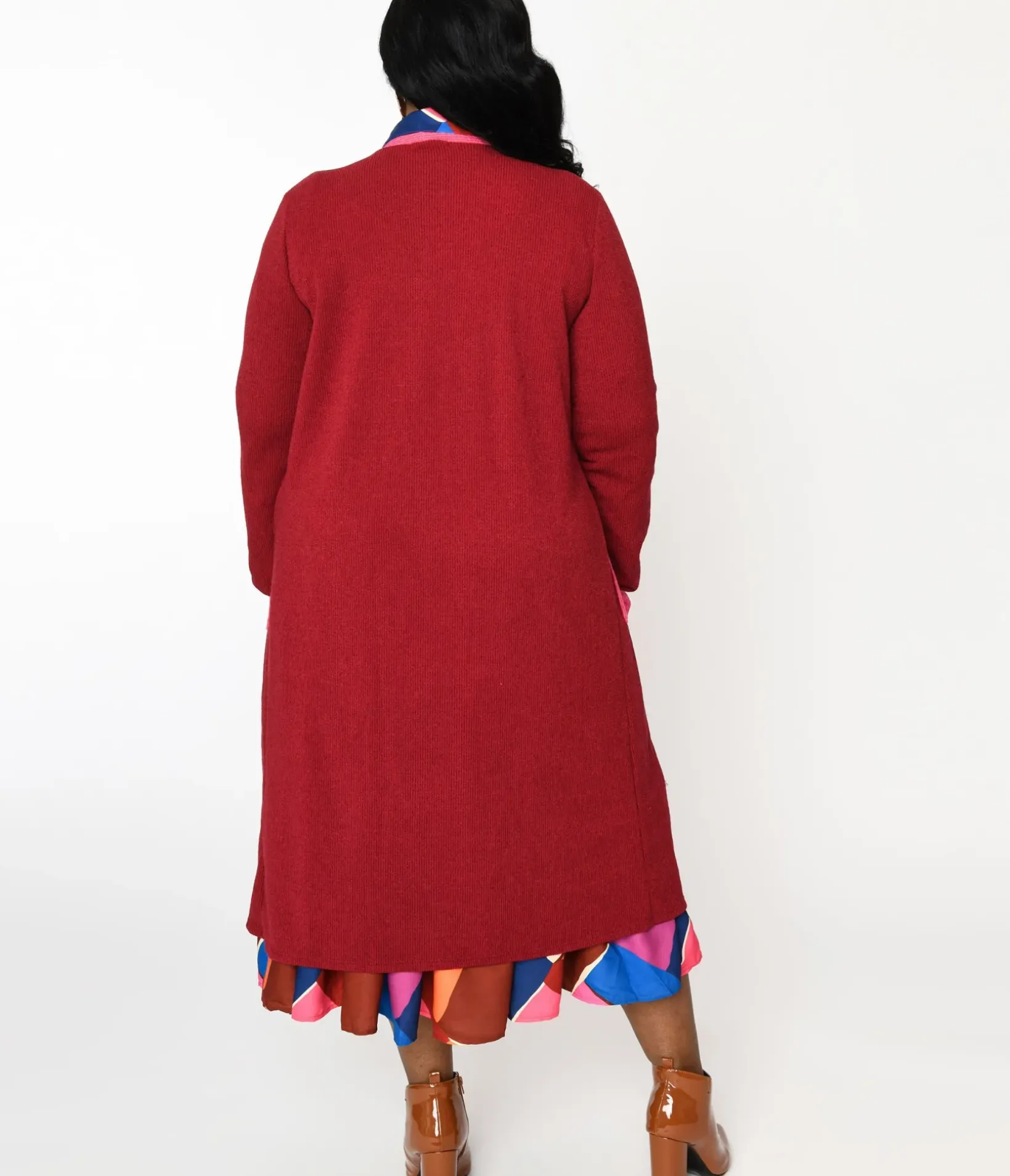 Unique Vintage Sweaters & Cardigans|Work Wear>Plus Long Berry & Pink Contrast Open Long Cardigan