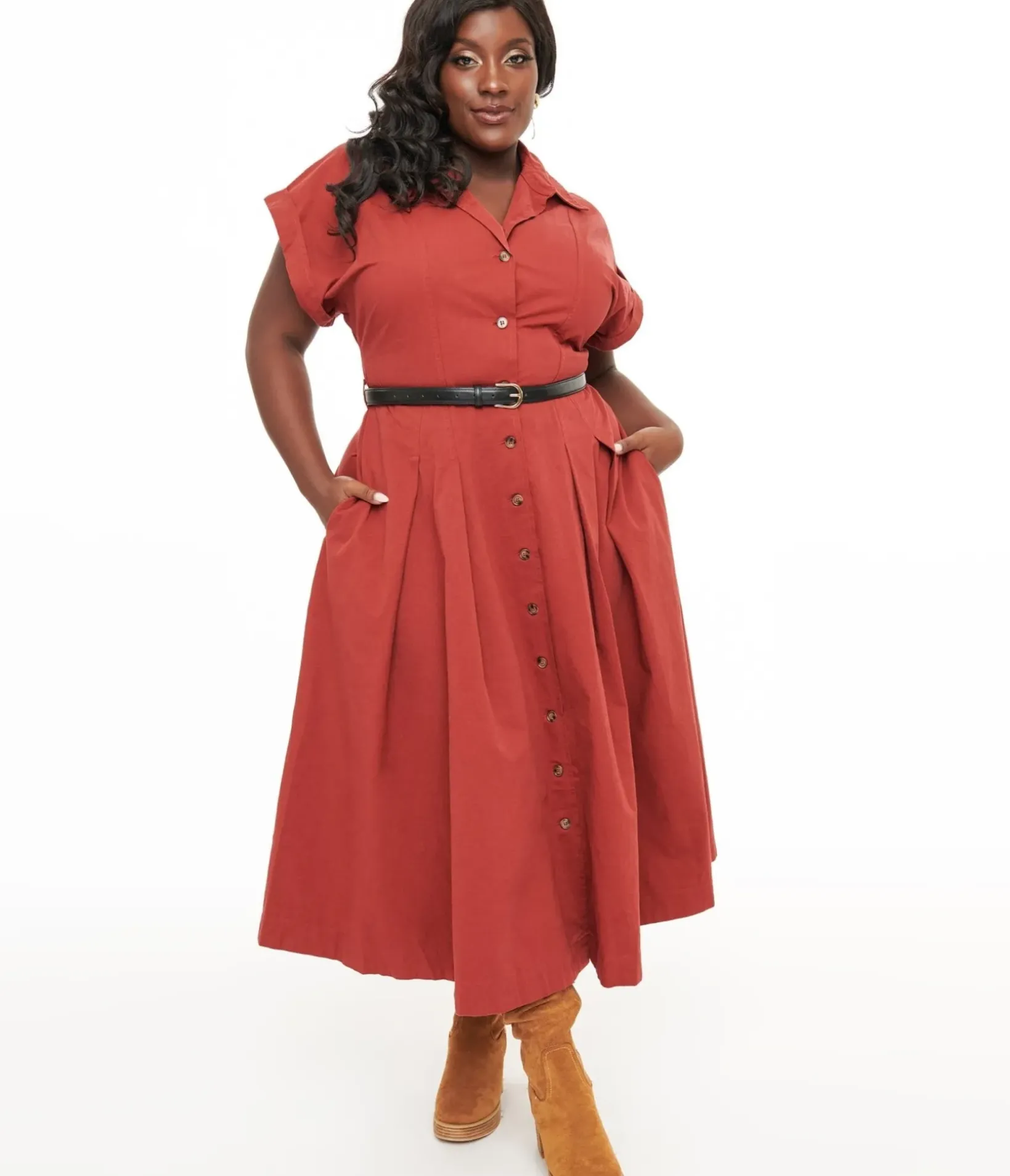 Unique Vintage Midi|Pocket Dresses>Plus Size Berry Perfect Balance Midi Shirt Dress