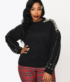Unique Vintage Sweaters & Cardigans|Sweaters & Cardigans>Plus Size Black & Faux Pearl Studded Knit Sweater