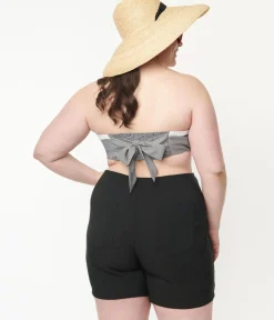 Unique Vintage Blouses|All Things Black>Plus Size Black Gingham & Cherry Skull Bandeau Crop Top