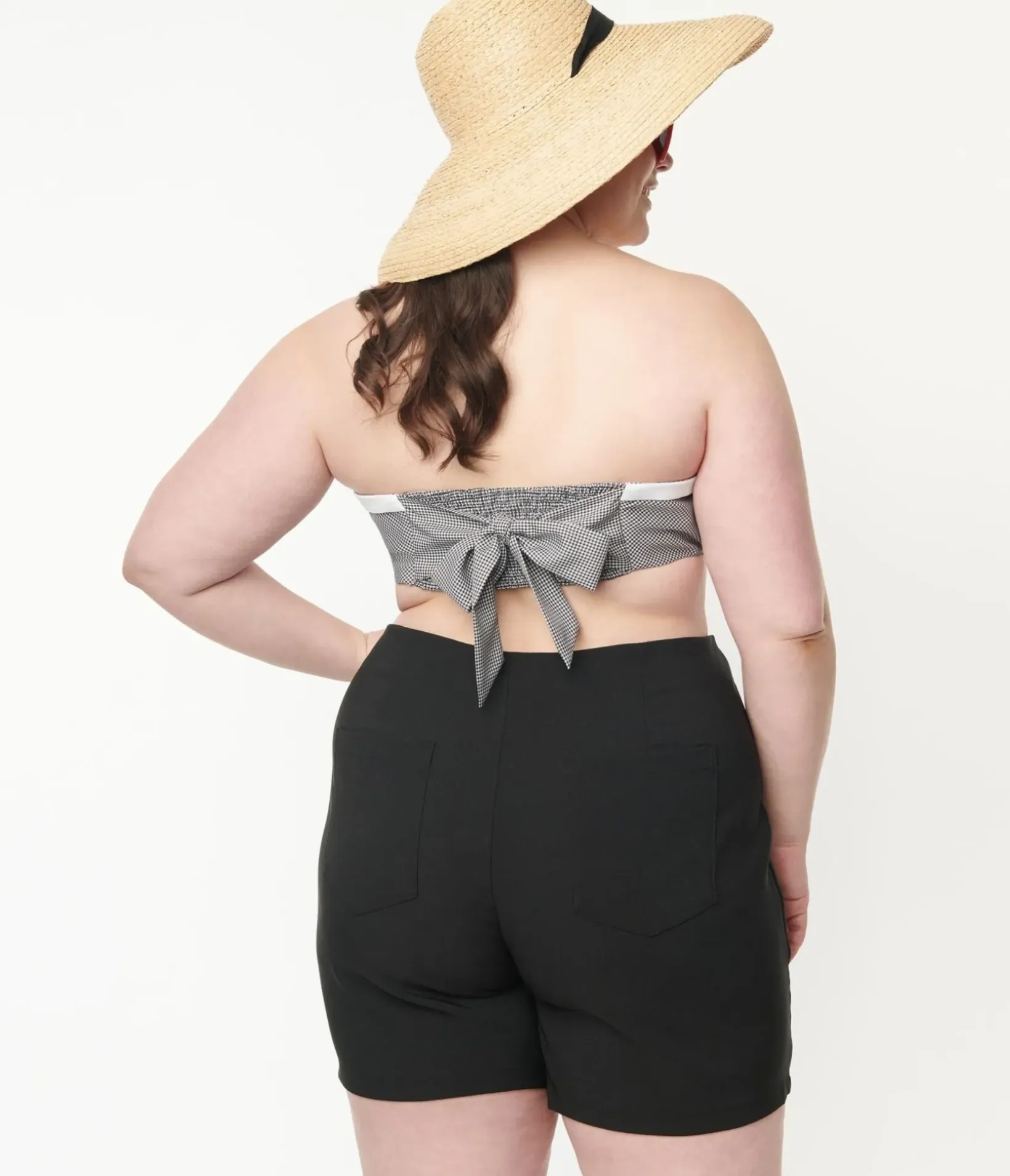 Unique Vintage Blouses|All Things Black>Plus Size Black Gingham & Cherry Skull Bandeau Crop Top