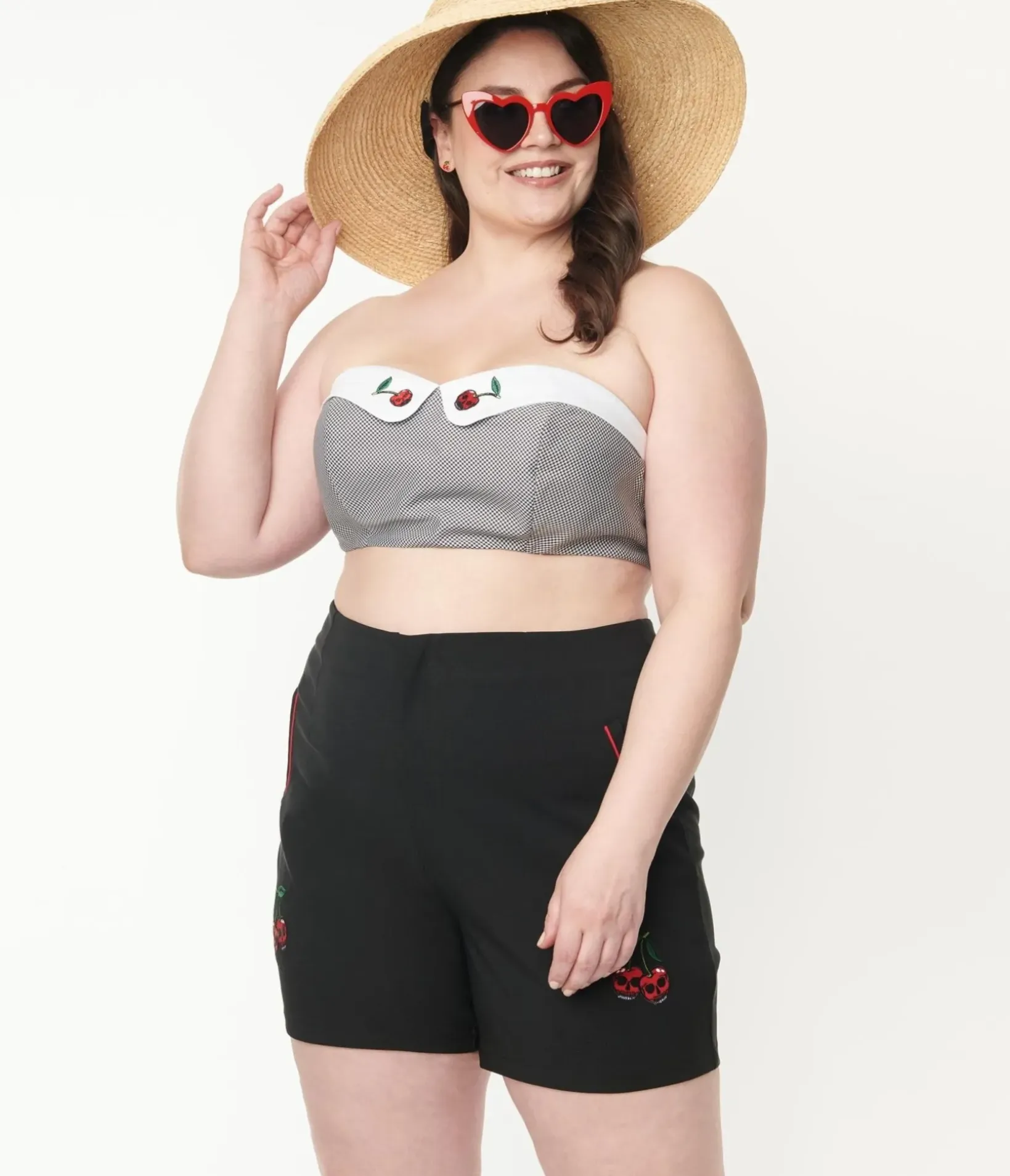 Unique Vintage Blouses|All Things Black>Plus Size Black Gingham & Cherry Skull Bandeau Crop Top