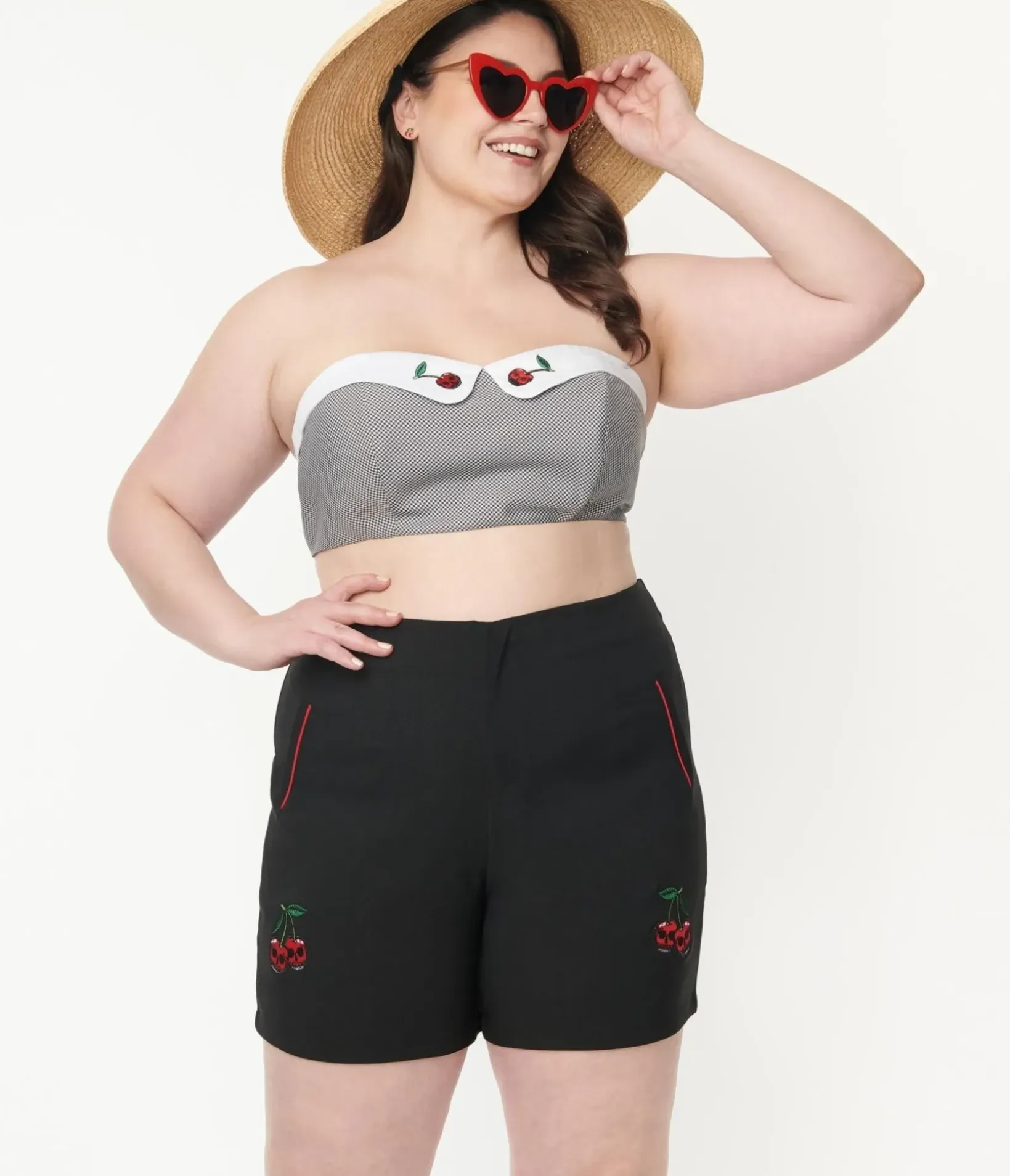 Unique Vintage Blouses|All Things Black>Plus Size Black Gingham & Cherry Skull Bandeau Crop Top