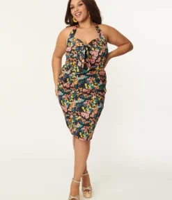 Unique Vintage Everyday Dresses|All Things Pink>Plus Size Black & Pink Floral Sally Wiggle Dress