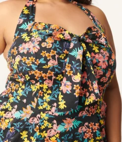 Unique Vintage Everyday Dresses|All Things Pink>Plus Size Black & Pink Floral Sally Wiggle Dress