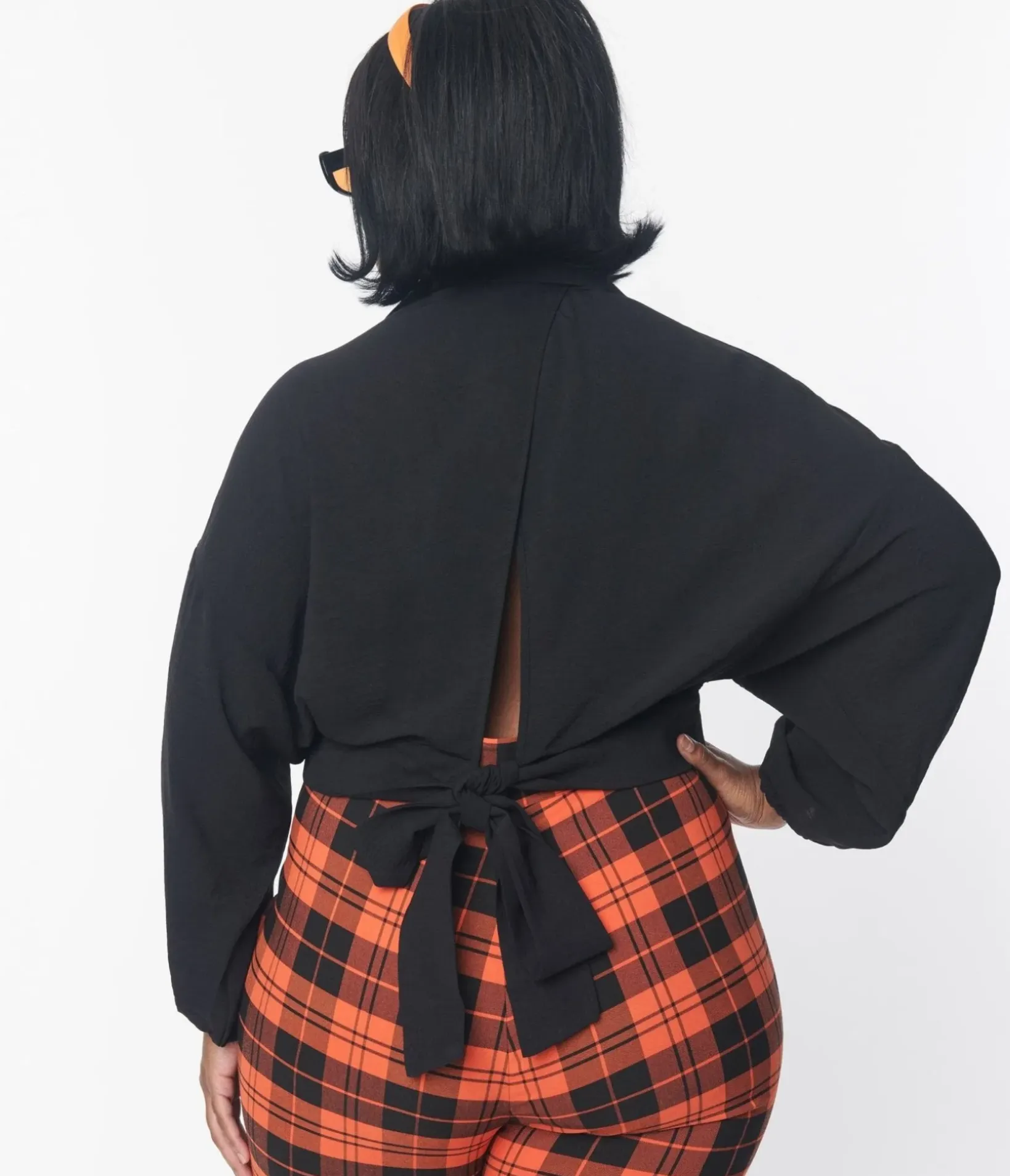 Unique Vintage Blouses|Blouses>Plus Size Black Surplice Back Tie Top