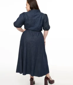 Unique Vintage Midi|Pocket Dresses>Plus Size Blue Denim Get The Look Midi Dress