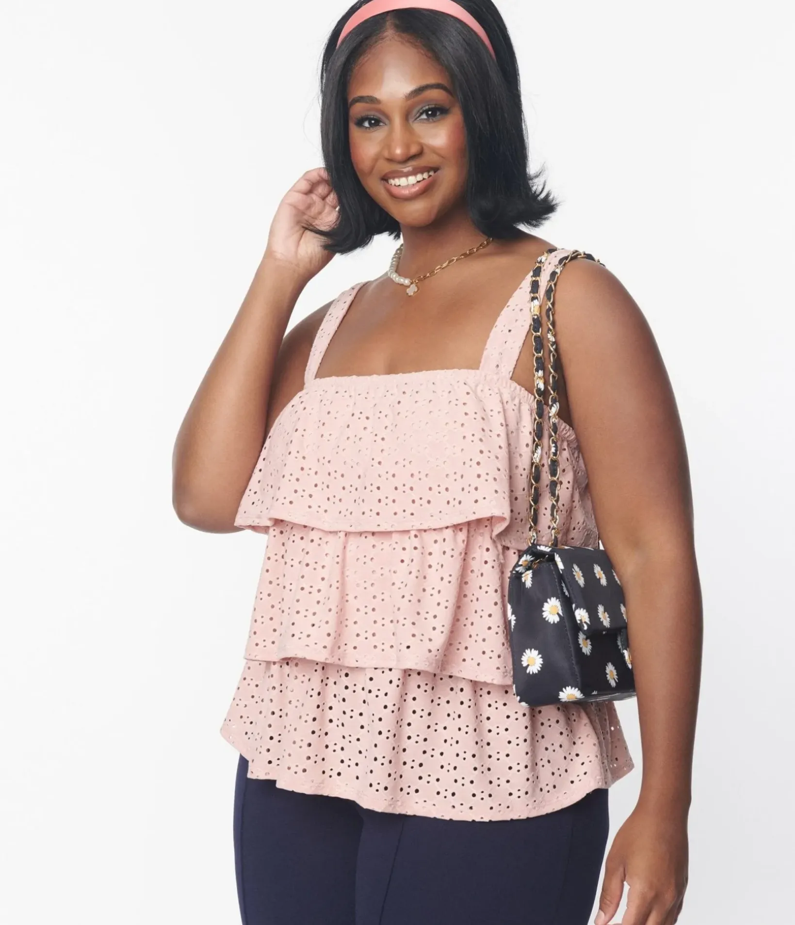 Unique Vintage All Things Pink>Plus Size Blush Pink Eyelet Tiered Crop Top