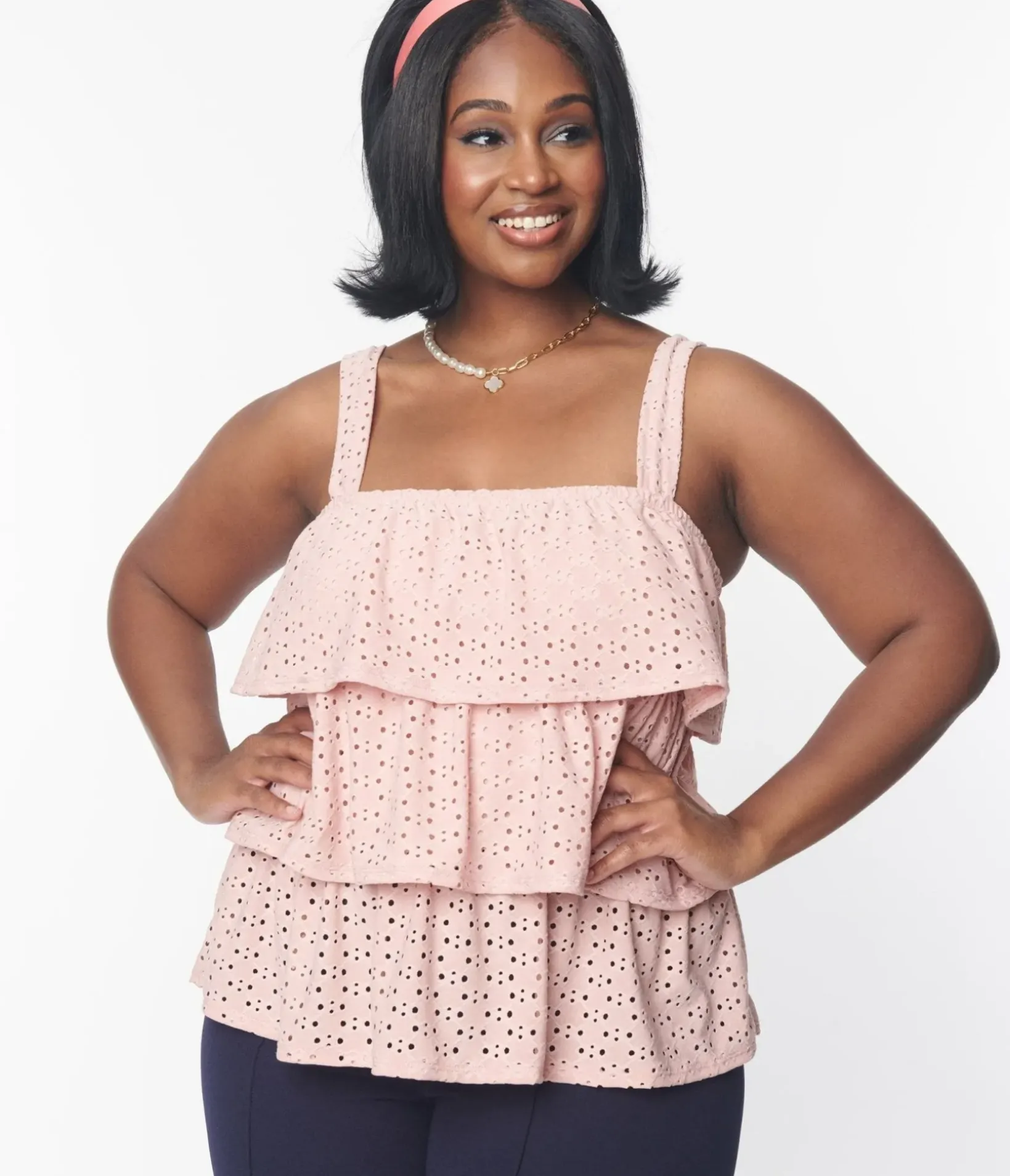 Unique Vintage All Things Pink>Plus Size Blush Pink Eyelet Tiered Crop Top