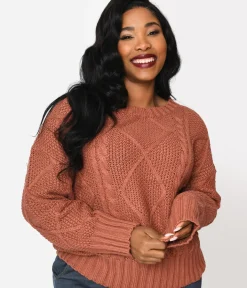 Unique Vintage Sweaters & Cardigans|Work Wear>Plus Size Brick Red Cable Knit Oversize Sweater