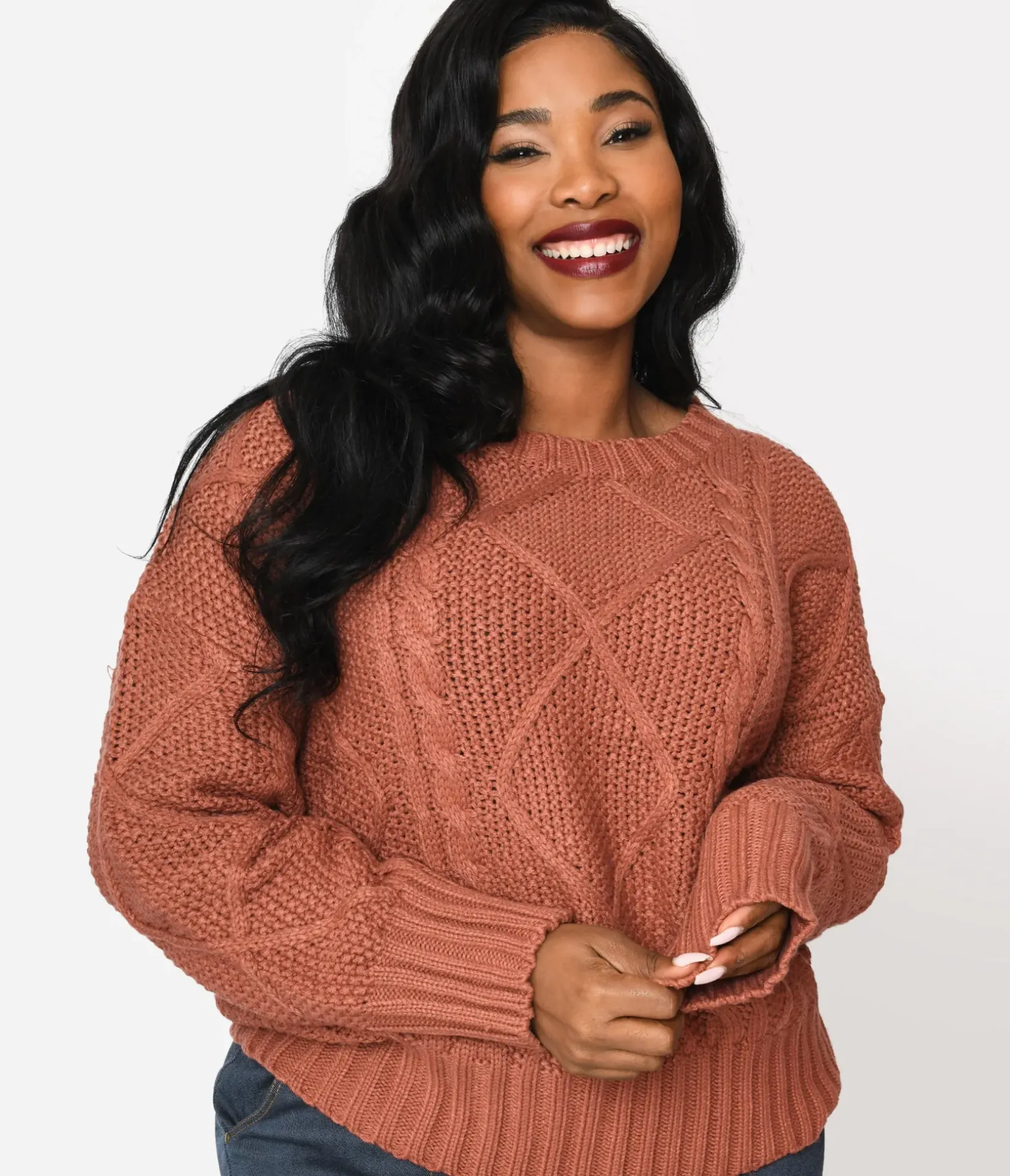 Unique Vintage Sweaters & Cardigans|Work Wear>Plus Size Brick Red Cable Knit Oversize Sweater